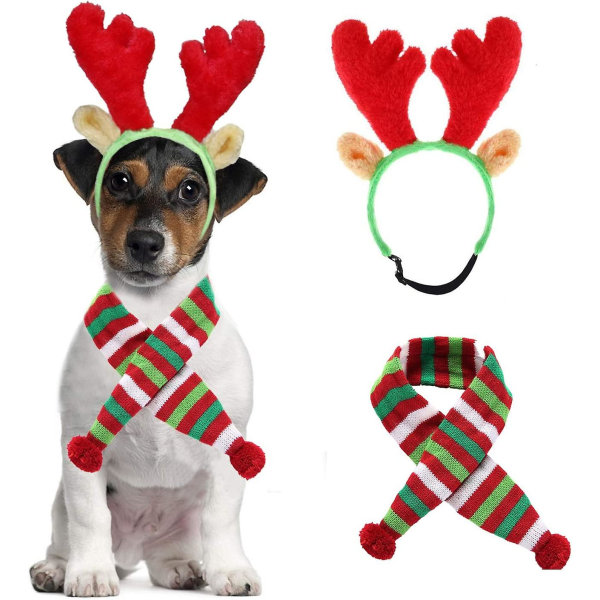 Rennjursgevir och röd-vit-grön randig halsduk för hundar, juldräkt