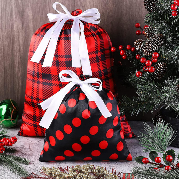 9 stycken presentpåsar i jultyg med dragsko Röda och svarta Återanvändbara presentpåsar i satäng i 3 storlekar