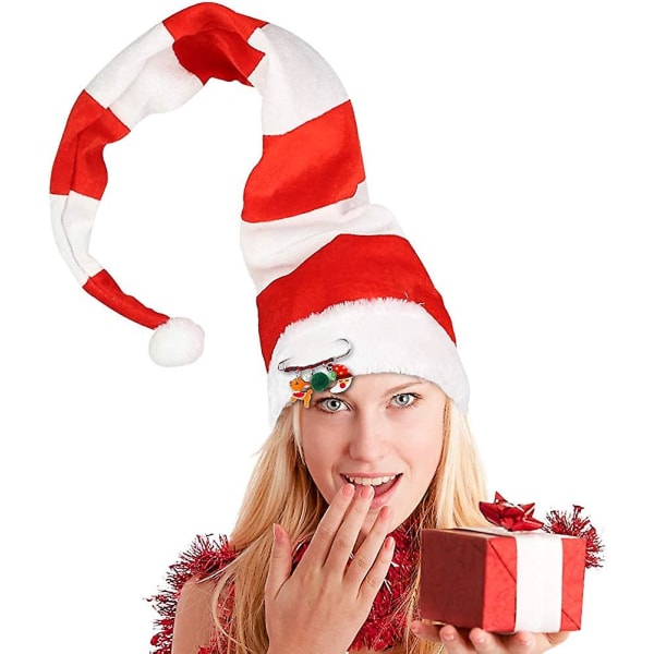 Jultomtehatt, extra lång röd och vit randig filthatt med söt broschnål för barn Vuxna