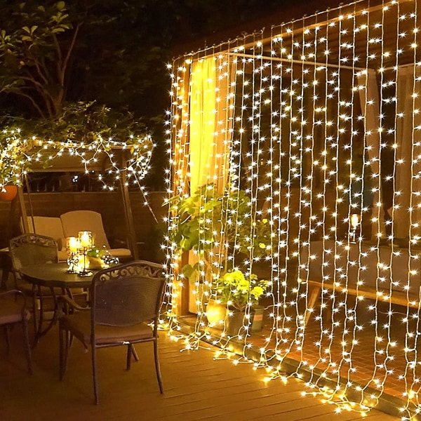 Fjärrkontroll gardinljus Plug in gardinljus utomhus, 300 LED-fönster för vägghängande gardinljus