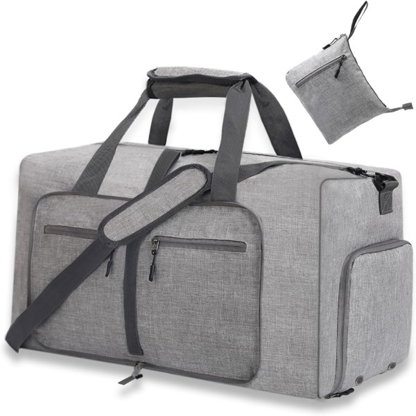 Resväska för män och kvinnor, hopfällbar weekendväska med vattentät övernattningsväska med skofack och axelrem Gray