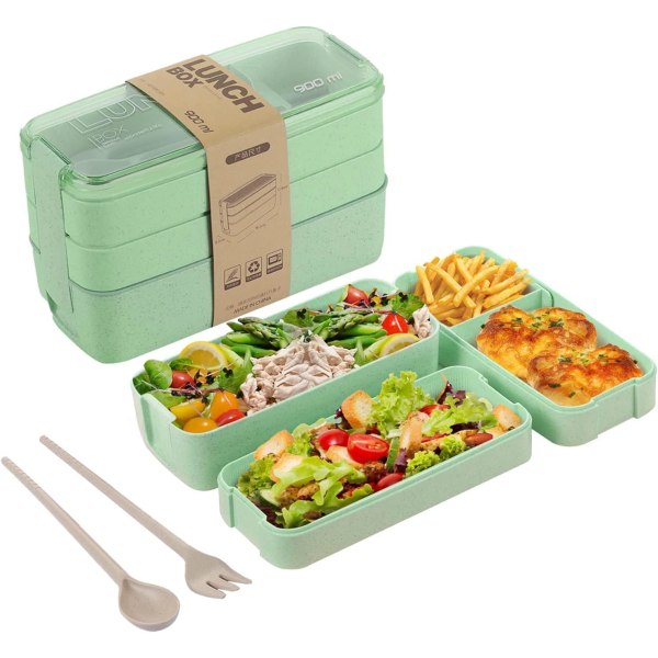 Bentolåda med bestickset | 3 fack japansk lunchlåda | Bärbar, läcksäker, diskmaskin och mikrovågsugn säker lunchbehållare, stapelbar Green