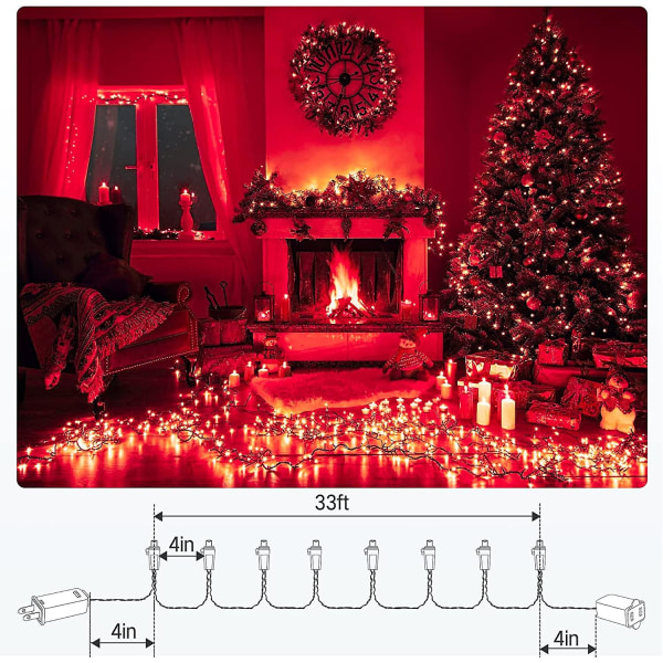 Röda julbelysning, 33 fot 100 LED julgransbelysning, 5 mm vidvinkel mini julljus, anslutningsbar 120v