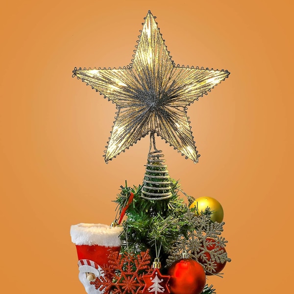 Christmas Tree Topper Lights, 10 Inch Glitter Tree Topper, Hollow Silver Lighted Tree Star Light Up Xmas Tree