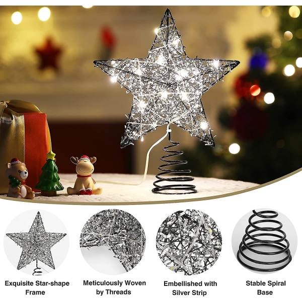 Star Tree Topper. Batteridriven julstjärna trädtopp med timer dekorativt ljus med silverremsor. 20 LED