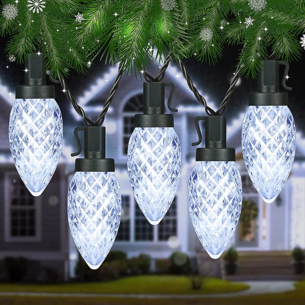 C9 julbelysning utomhus. 33ft 50 LED vita julslingor. Fasettslipade Strawberry Christmas Lights