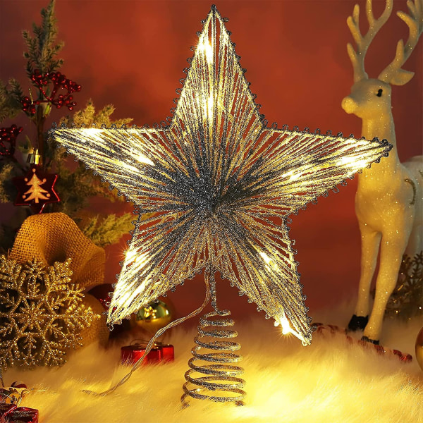 Christmas Tree Topper Lights, 10 Inch Glitter Tree Topper, Hollow Silver Lighted Tree Star Light Up Xmas Tree