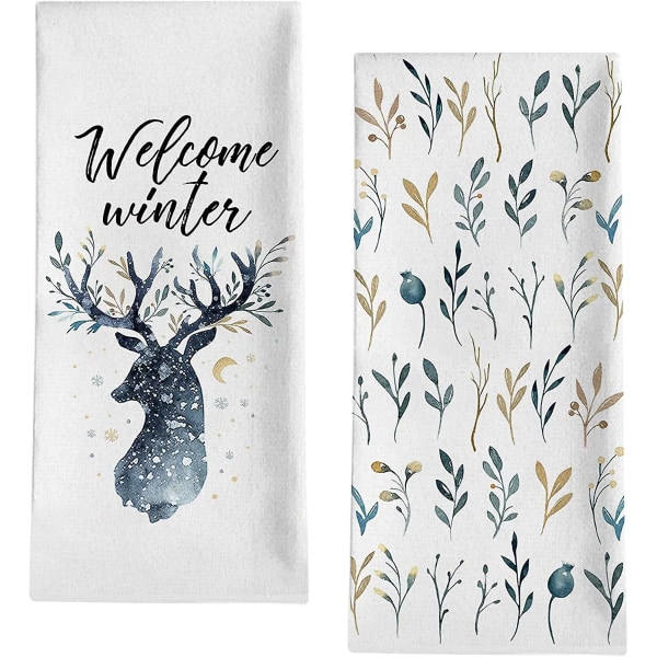 Välkommen vinterren kökshandduk, akvarell blå botaniska tebar Handtorkande bakduk, säsongsbetonad