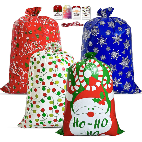 4st julgigantiska presentpåsar Stor presentpåse i plast 54,3x36,2in, Jumbo julpåsar för stora presenter barn