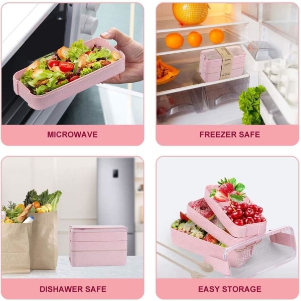 Bentolåda med bestickset | 3 fack japansk lunchlåda | Bärbar, läcksäker, diskmaskin och mikrovågsugn säker lunchbehållare, stapelbar Pink