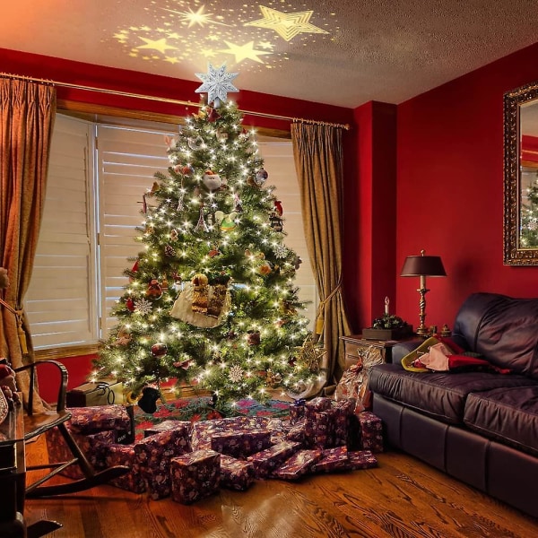 Julgranstopper. 3d Silver åtta spetsiga stjärna träd topper upplyst med gyllene stjärna glitter projektor