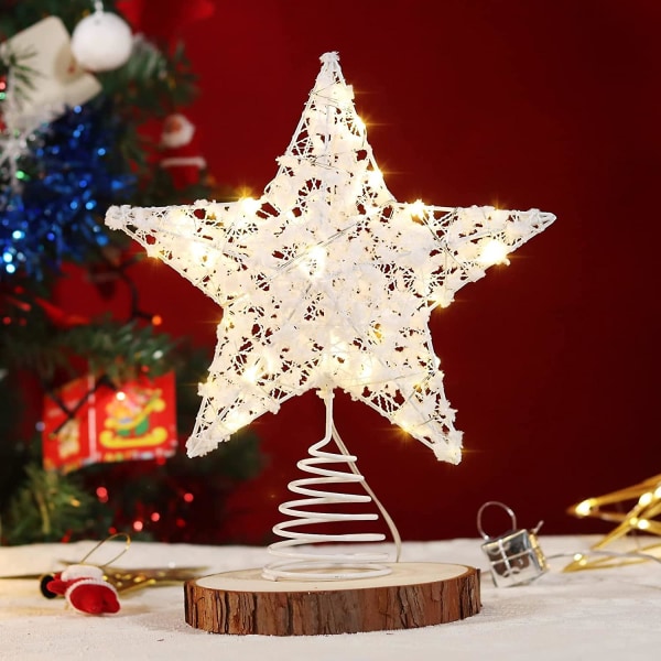 Christmas Tree Topper, White Star Tree Topper med LED-ljus, 10" White Star Juldekor