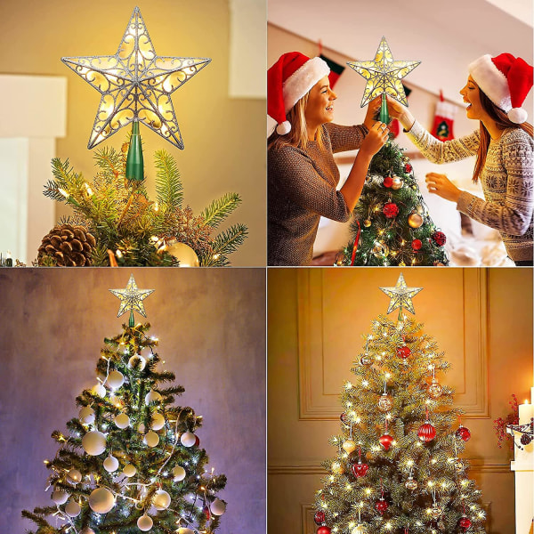 9\\u201d Christmas Star Tree Topper, Glittrad Silver Treet Top Star, Metal Hollow 3d Star Christmas Tree