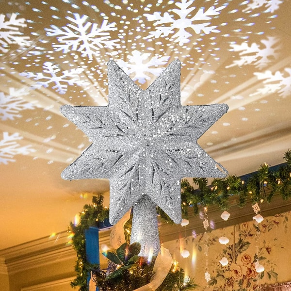 Julgranstopper, 3d Silver Åttauddig Stjärna Tree Topper Upplyst med ihålig glitterprojektor, LED
