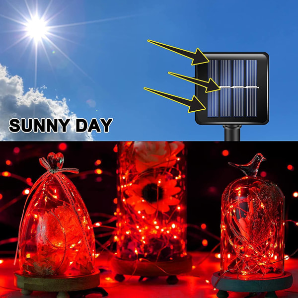 Röda Solar String Lights utomhus. 39,4 Ft 120 LED-soldrivna vattentäta Fairy Lights 8 lägen koppartråd