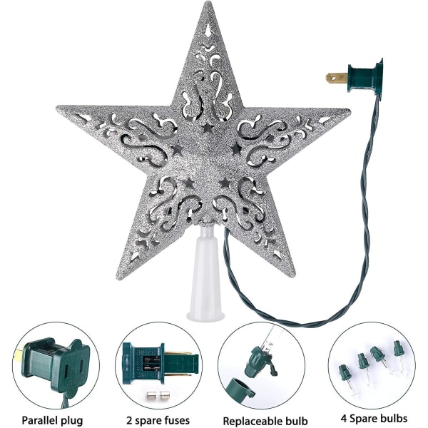 Christmas Star Tree Topper Upplyst 8 ihåliga 3d Pentagram Inbyggda 10 lampor Silverbelagd Star Treetop Plug