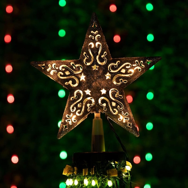 Christmas Star Tree Topper Upplyst 8 ihåliga 3d Pentagram Inbyggda 10 lampor Silverbelagd Star Treetop Plug