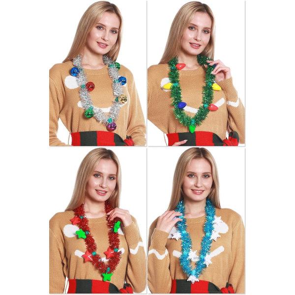 4-pack Christmas Tinsel Lights Garland Halsband Färgglada LED-lampor Jingle Bells Snöflingor Halsband Heilwiy
