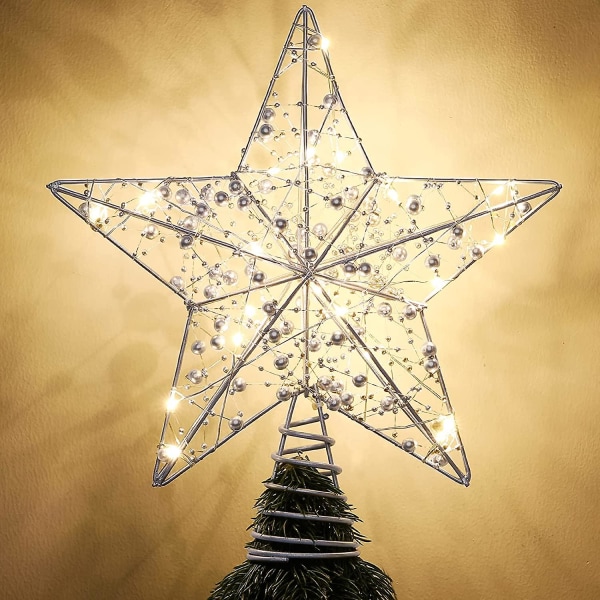 Julstjärna Tree Topper, varm stjärna upplyst med pärlor Xmas Tree Toppers Glittrande stjärnformad metall