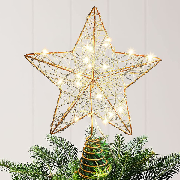 Christmas Tree Topper, 7" Gold Metal Star Tree Topper med 20 lysdioder varma vita lampor, trådvävning, batteri