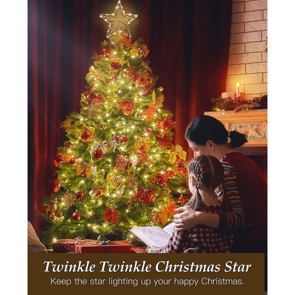 Christmas Tree Topper String Beads Star Med LED-ljus, batteridriven Tree Top Star 3d Hollow Design Xmas