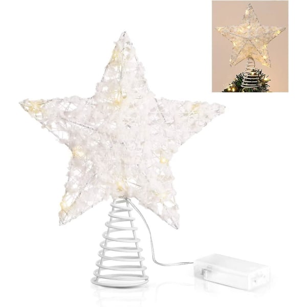 Christmas Star Tree Toppers, vita bomullsbollar metall hallow design med 15 led-lampor (batterier ingår ej)