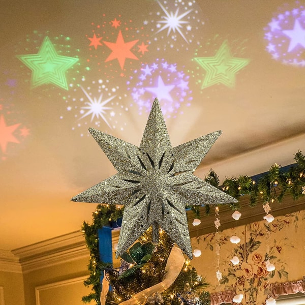 Julstjärna Tree Topper. 8 tums julgranstjärna med projektorljus. Upplyst Stjärna Med