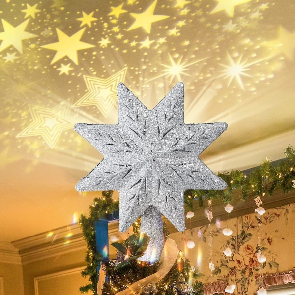 Julgranstopper. 3d Silver åtta spetsiga stjärna träd topper upplyst med gyllene stjärna glitter projektor