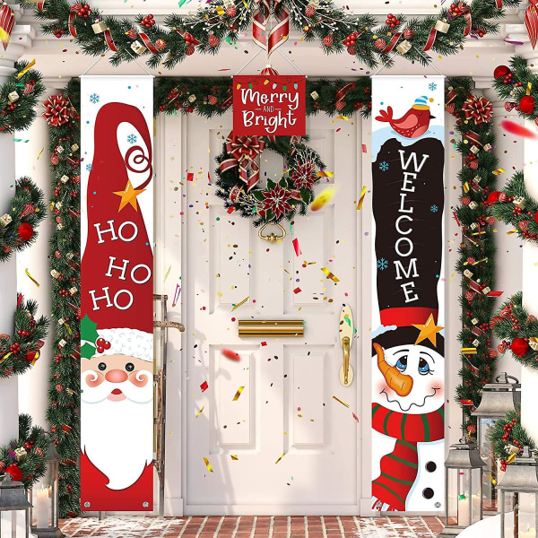3 delar jul dörr bannerdekorationer, röd Välkommen Glad jul veranda skylt Glad och ljus tomte