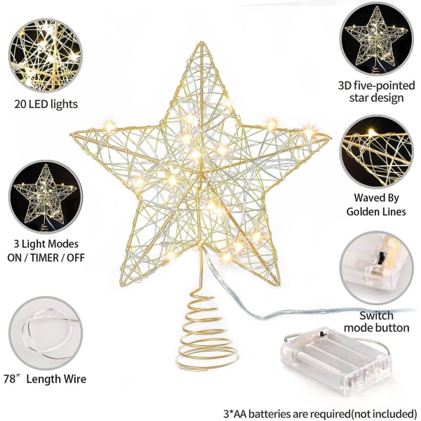 Christmas Tree Topper, 7" Gold Metal Star Tree Topper med 20 lysdioder varma vita lampor, trådvävning, batteri