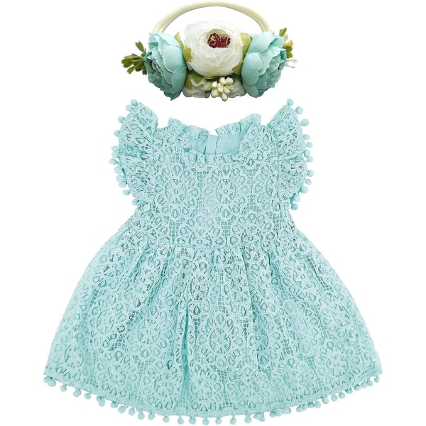 Baby Girl Tutu Klänning Elegant spets Pom Pom Fladder ärm med blomma pannband Set