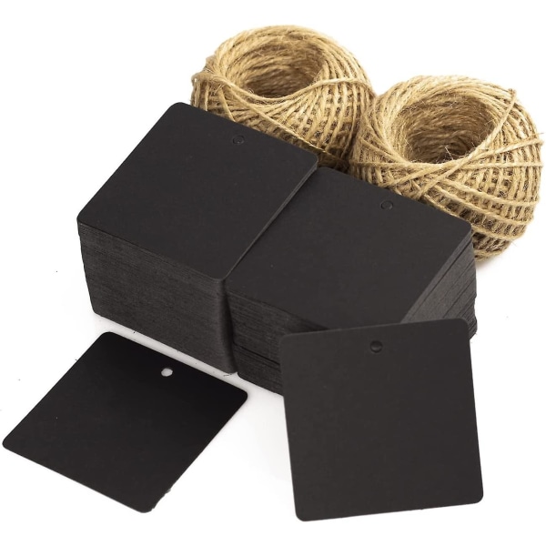 200 st svart papper presentetiketter Häng taggar med snöre, fyrkantig kraftpapper tom etikett med 100 fot naturligt jutegarn