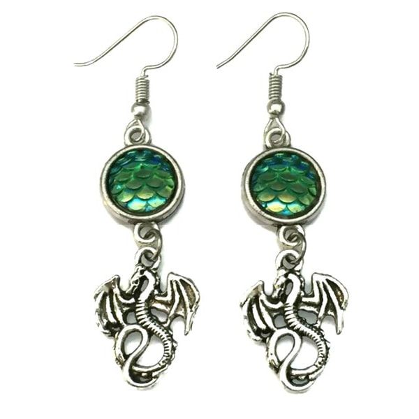 Earrings - Dragon - Scale - Cabochon - Green Green