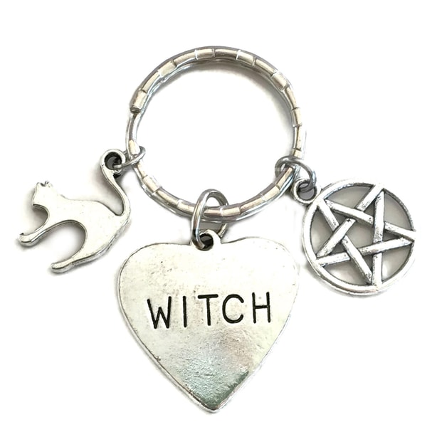 Avaimenperä Witch Pentagram Cat Wicca Pagan Silver
