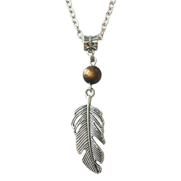 Halsband Fjäder Tigeröga Feather Boho New Age Healing Brun