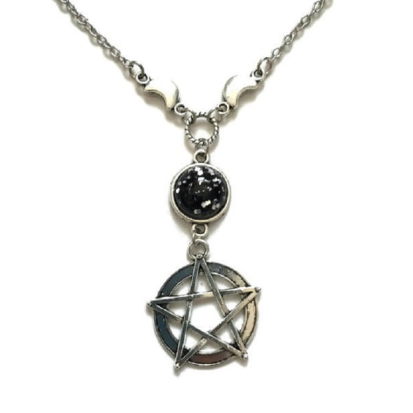Halskjede Pentagram Moon - Wicca Pagan - Starry Sky Crescent 46/Pentagram/Svartglitter