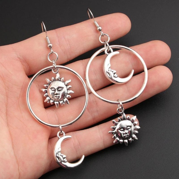 Earrings - Creoles  - Sun - Crescent Moon - Asymmetrical Silver