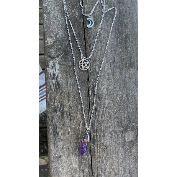 Halsband Ametist Pentagram Måne 3 i 1 Layered Wicca Rostfri Lila