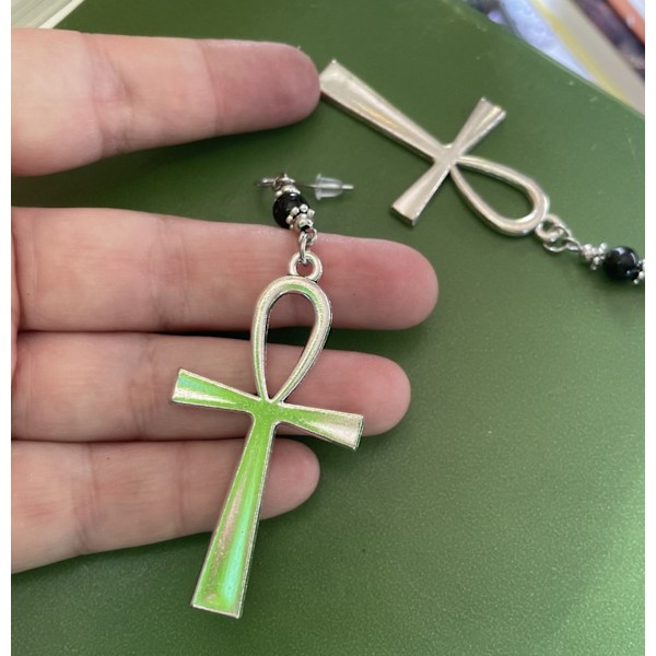 Earrings - Ankh - Onyx - Silver Black