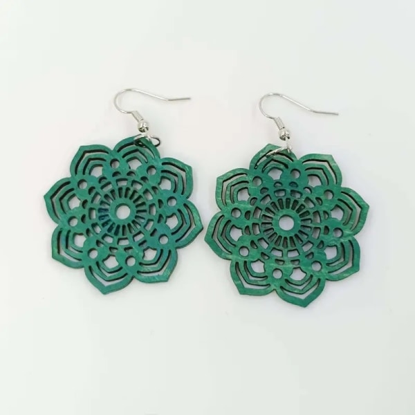 Earrings - Flowers -Wood -Oversize - Green Multicolor