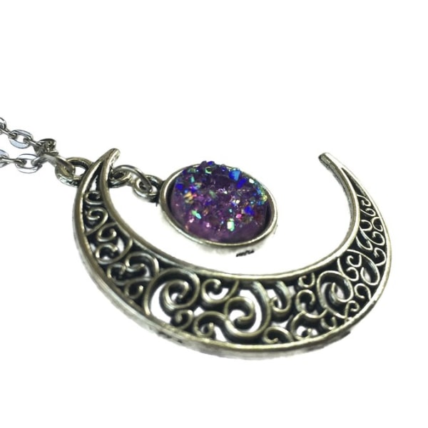 Necklace - Crescent Moon - Glitter - Druzy - Purple Purple