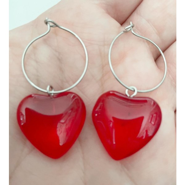 Earrings - Heart - Red - Stainless Steel - Creoles Red