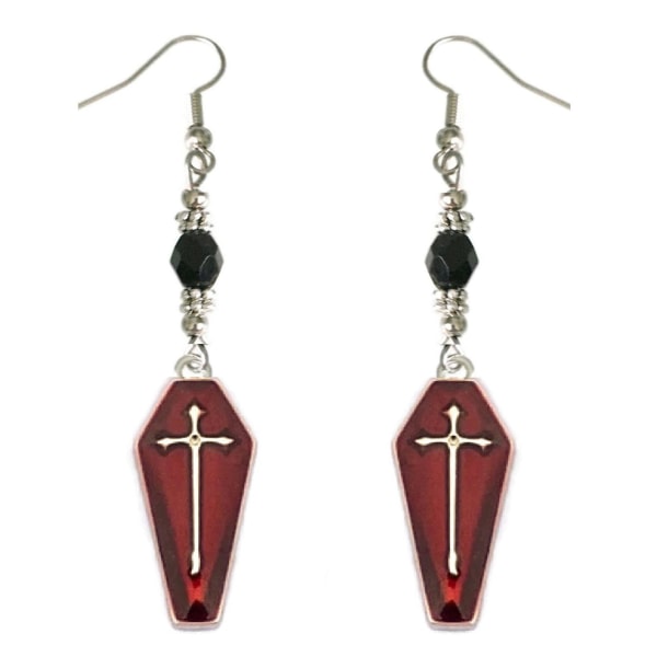 Earrings - Coffin - Cross - Bead - Red Black