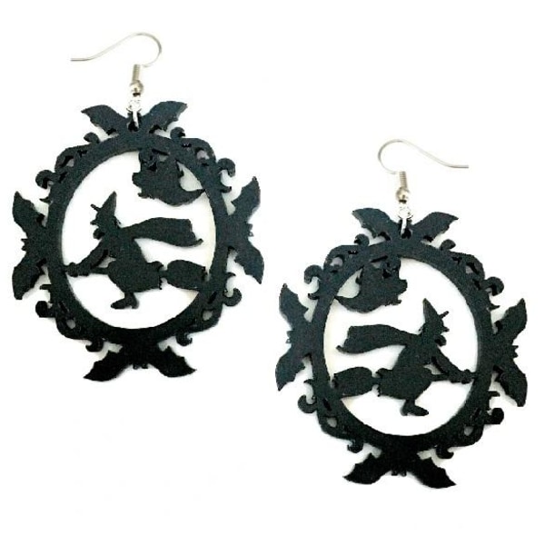 Earrings - Witch - Broom - Bats - Acrylic - Black Purple