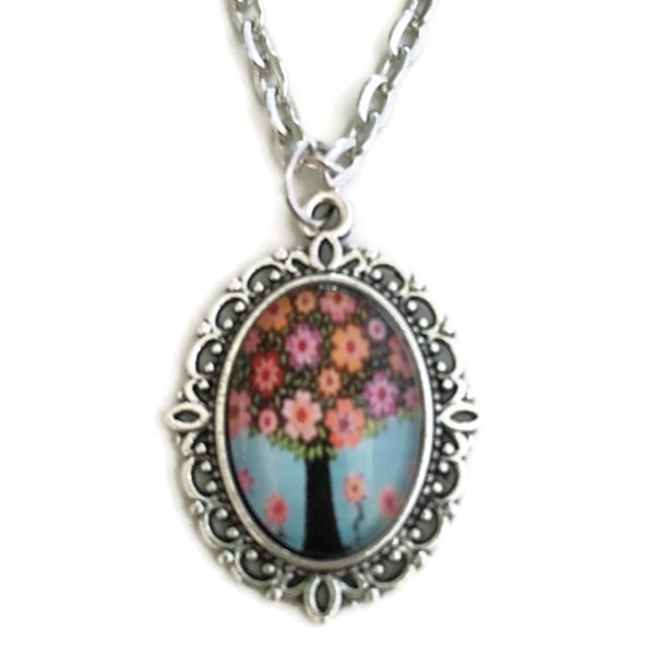 Halskæde Tree Of Life Symbol - Pink Flowers Sølv