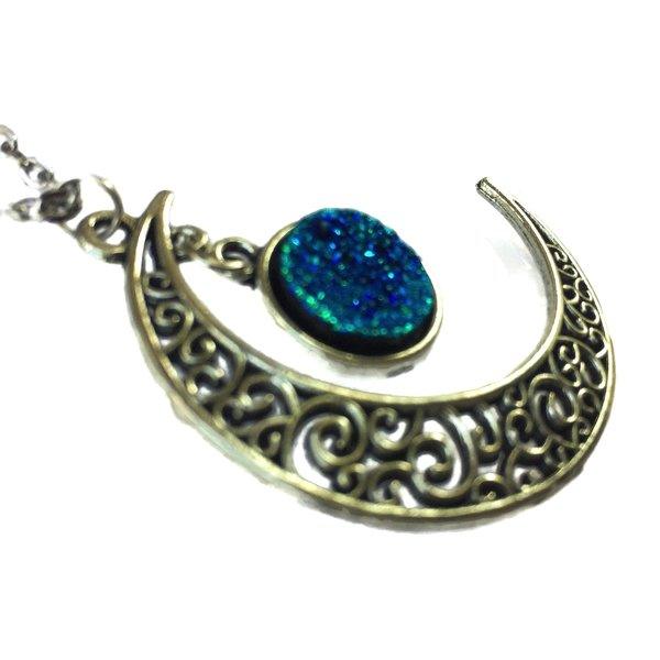 Necklace - Crescent Moon - Glitter - Druzy - Blue Blue