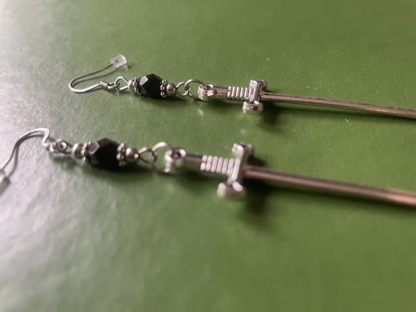 Earrings - Sword  - Bead - Black Silver