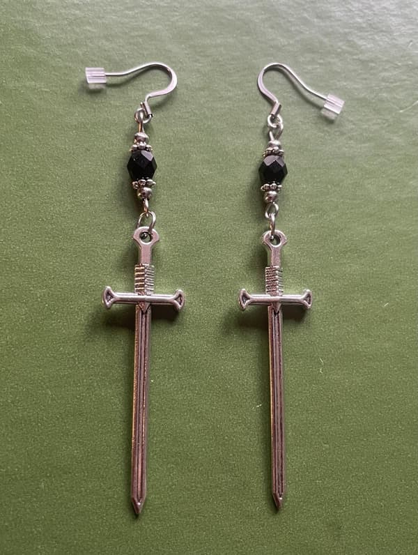 Earrings - Sword  - Bead - Black Silver