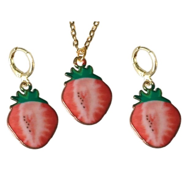 Örhängen Jordgubbe Halsband 3-delat Set Strawberries Frukt Bär Röd