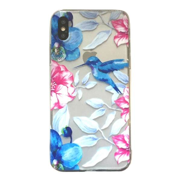 iPhone X / XS Hummingbird og blomster fugl Henna Pink / Blå Multicolor